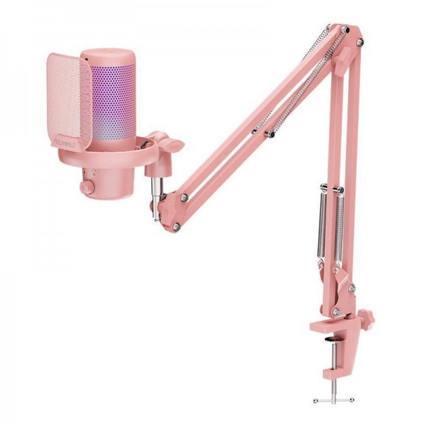 FEELWORLD VM1 USB Condenser Gaming Microphone for Streaming Noise Cancellation Mute RGB Light Boom Arm Stand (Pink)