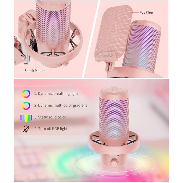 FEELWORLD VM1 USB Condenser Gaming Microphone for Streaming Noise Cancellation Mute RGB Light Boom Arm Stand (Pink)