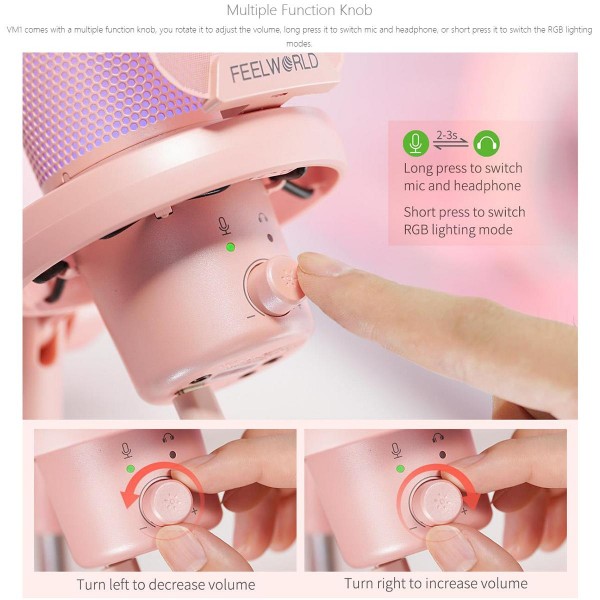 FEELWORLD VM1 USB Condenser Gaming Microphone for Streaming Noise Cancellation Mute RGB Light Boom Arm Stand (Pink)