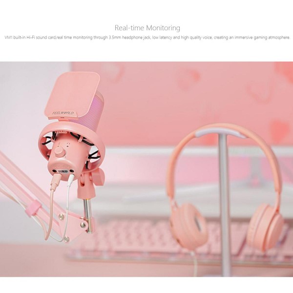FEELWORLD VM1 USB Condenser Gaming Microphone for Streaming Noise Cancellation Mute RGB Light Boom Arm Stand (Pink)