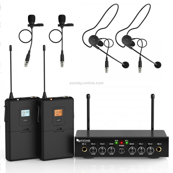 FIFINE K038 UHF Wireless Microphone System with 2 Headsets & 2 Lapel Lavalier Microphone for Teaching Speech(Black)