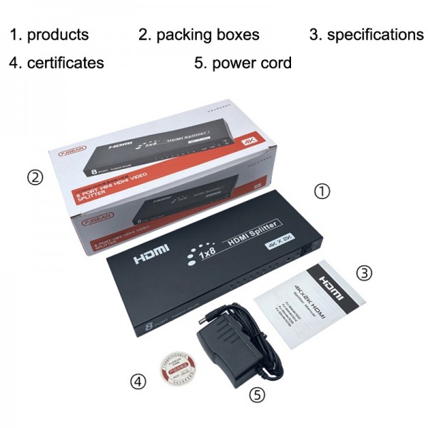 FJGEAR SM4K108 8 Ports HDMI Splitter 4K HD Audio And Video Splitter  EU Plug