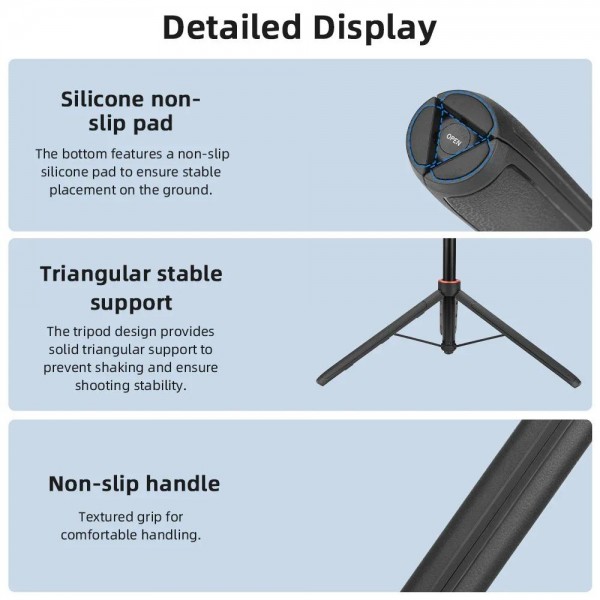 Flymile 1.63m Magnetic Quick-Release Tripod Selfie Stick for Action Cameras for Vlogging, Outdoor Sports(Black)