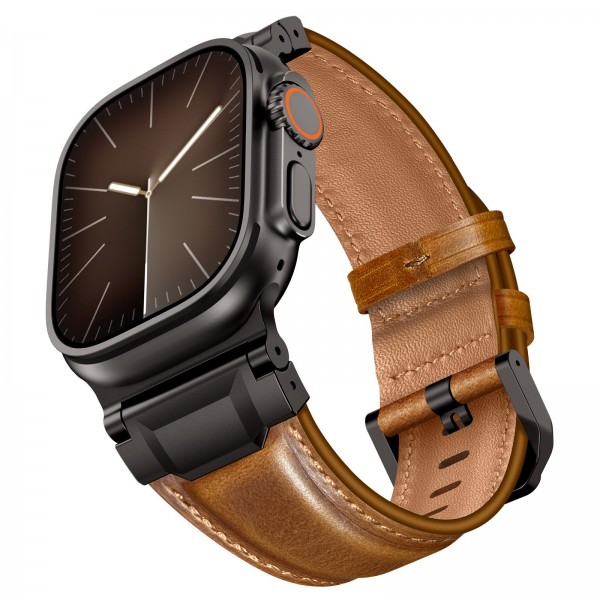 For Apple Watch 46mm / 49mm / 45mm / 44mm Armour-style Leather Watch Band(Retro Brown Black Buckle)