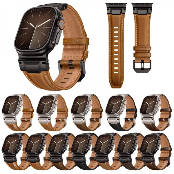 For Apple Watch 46mm / 49mm / 45mm / 44mm Armour-style Leather Watch Band(Retro Brown Black Buckle)