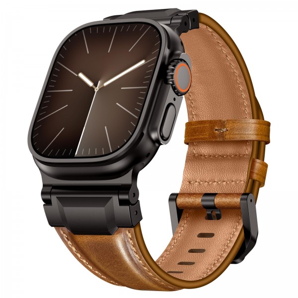 For Apple Watch 46mm / 49mm / 45mm / 44mm Armour-style Leather Watch Band(Retro Brown Black Buckle)