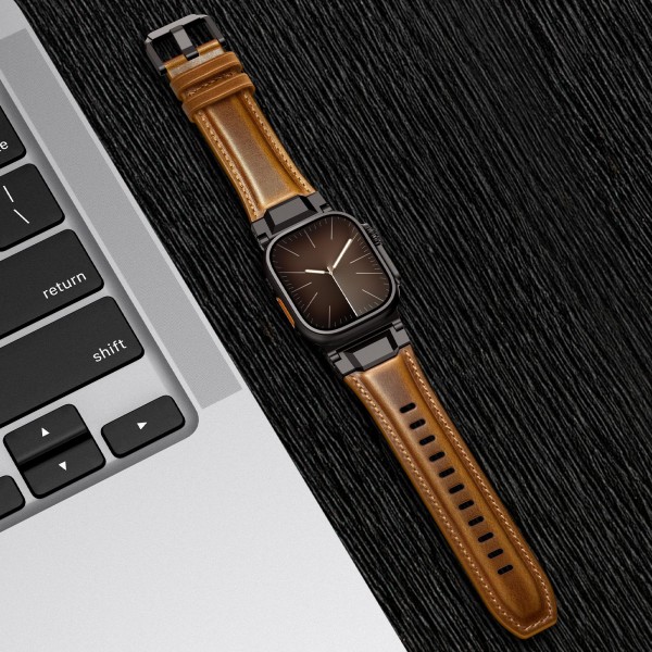 For Apple Watch 46mm / 49mm / 45mm / 44mm Armour-style Leather Watch Band(Retro Brown Black Buckle)