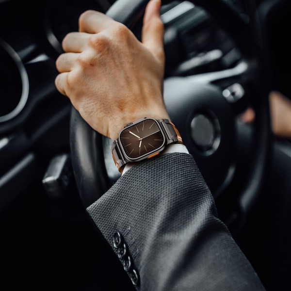 For Apple Watch 46mm / 49mm / 45mm / 44mm Armour-style Leather Watch Band(Retro Brown Black Buckle)