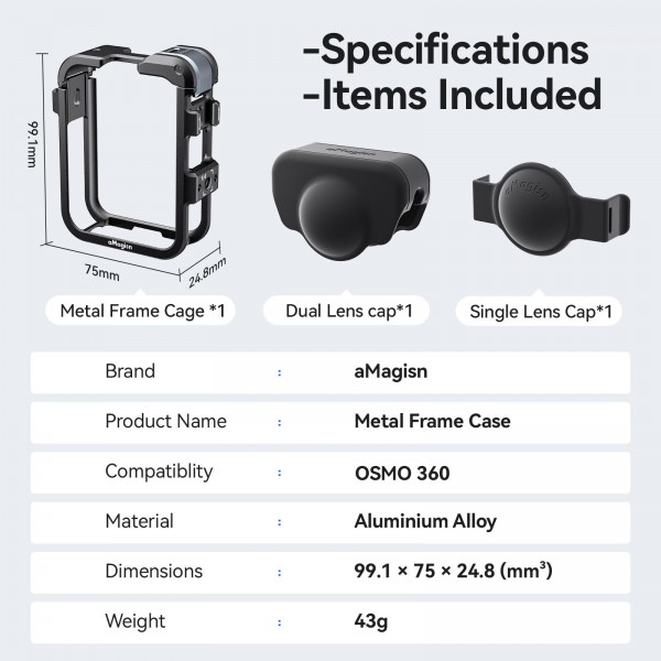 For DJI Osmo 360 AMagisn Quick-Release Metal Cage With Dual/Single Lens Caps Camera Mount Rig(Black)