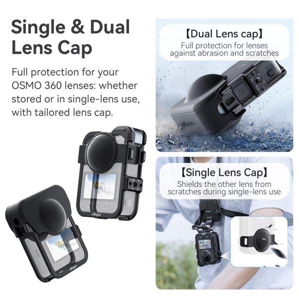 For DJI Osmo 360 AMagisn Quick-Release Metal Cage With Dual/Single Lens Caps Camera Mount Rig(Black)