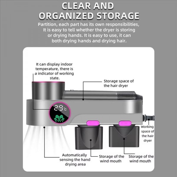 For Dyson Hair Dryer Wall-Mounted Holder With Hand-Drying, Temperature Display, Unit: Celsius, EU Plug