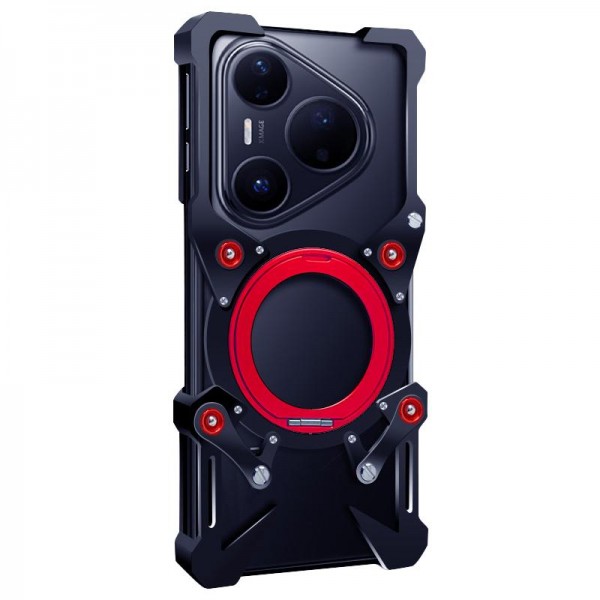 For Huawei Pura 80 Ultra Rotating Bracket Hollow Metal Phone Case with Lanyard(Black)