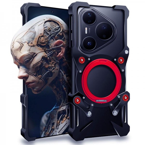 For Huawei Pura 80 Ultra Rotating Bracket Hollow Metal Phone Case with Lanyard(Black)