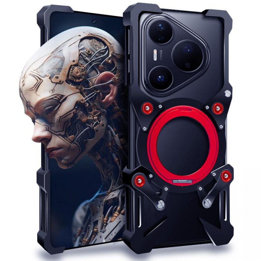 For Huawei Pura 80 Ultra Rotating Bracket Hollow Metal Phone Case with Lanyard(Black)