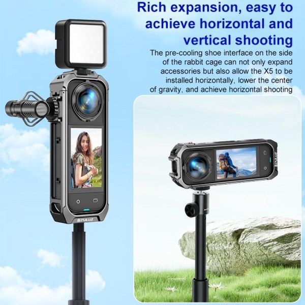 For Insta360 X5 PULUZ Aluminum Alloy Protective Cage Rig Expand Cold Shoe Housing Frame (Grey)