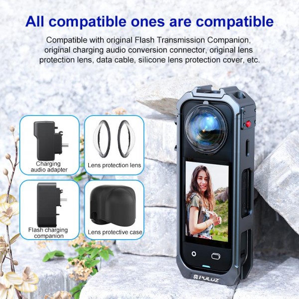 For Insta360 X5 PULUZ Aluminum Alloy Protective Cage Rig Expand Cold Shoe Housing Frame (Grey)