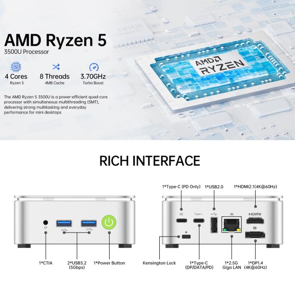 GMKtec NucBox G10 Mini PC, 16GB RAM + 512GB SSD, AMD Ryzen 5 3500U, Windows 11 Pro, WiFi, BT, HDTV, DisplayPort(EU Plug Sliver)