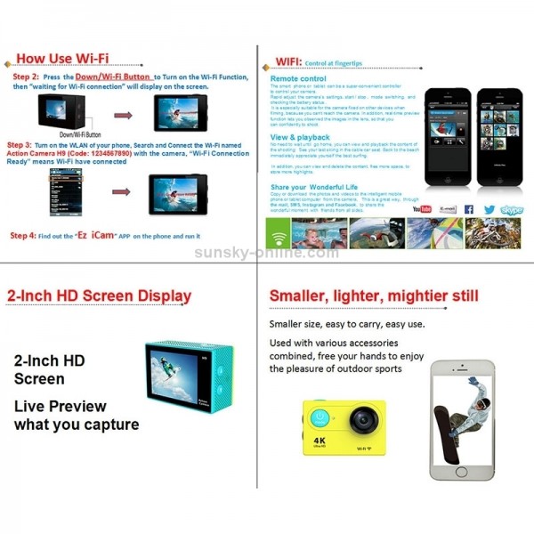 H9 4K Ultra HD1080P 12MP 2 inch LCD Screen WiFi Sports Camera, 170 Degrees Wide Angle Lens, 30m Waterproof(Black)