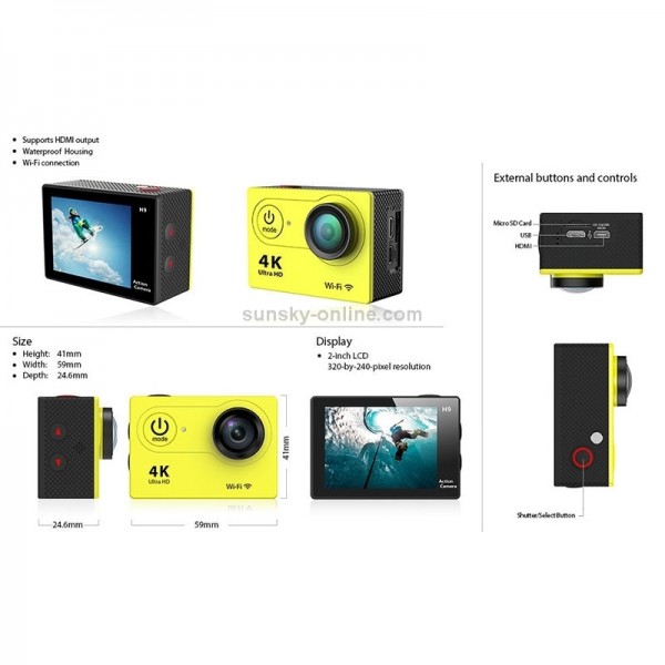 H9 4K Ultra HD1080P 12MP 2 inch LCD Screen WiFi Sports Camera, 170 Degrees Wide Angle Lens, 30m Waterproof(Black)