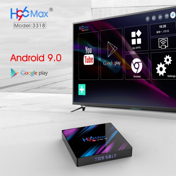 H96 Max-3318 4K Ultra HD Android TV Box with Remote Controller, Android 9.0, RK3318 Quad-Core 64bit Cortex-A53, WiFi 2.4G/5G, Bluetooth 4.0, 4GB+64GB