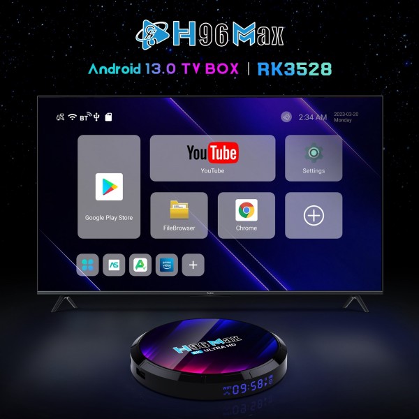 H96 Max 8K Ultra HD Smart TV Box Android 13.0 Media Player with Remote Control, RK3528 Quad-Core, 4GB+64GB(AU Plug)