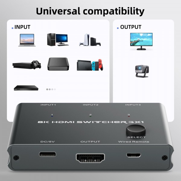 HD31 3 In 1 Out HDMI Switch 8K 60Hz / 4K 120Hz Computer HD Conversion