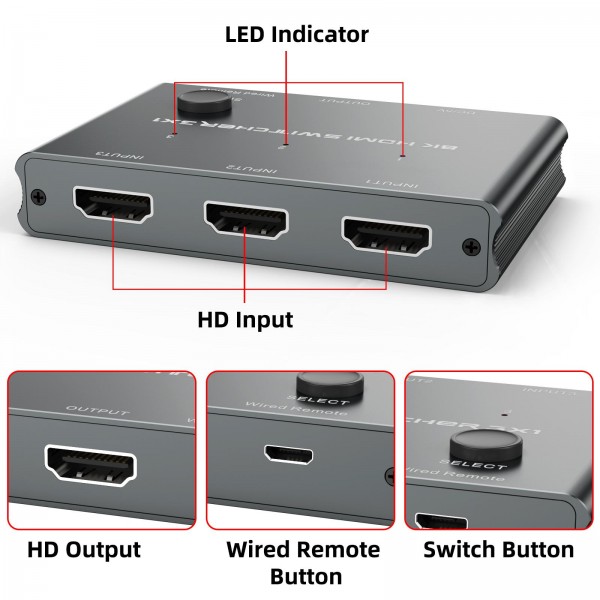 HD31 3 In 1 Out HDMI Switch 8K 60Hz / 4K 120Hz Computer HD Conversion