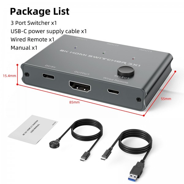 HD31 3 In 1 Out HDMI Switch 8K 60Hz / 4K 120Hz Computer HD Conversion