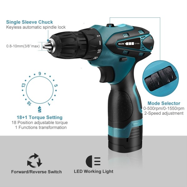 HILDA Electric Drill Cordless Screwdriver Lithium Battery Mini Drill Cordless Screwdriver Power Tools, EU Plug, Model:12V with Plastic Box