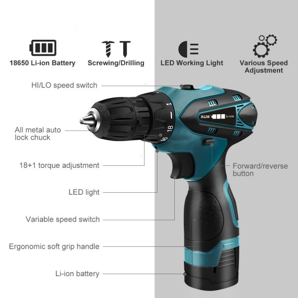 HILDA Electric Drill Cordless Screwdriver Lithium Battery Mini Drill Cordless Screwdriver Power Tools, EU Plug, Model:12V with Plastic Box