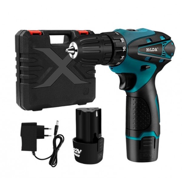 HILDA Electric Drill Cordless Screwdriver Lithium Battery Mini Drill Cordless Screwdriver Power Tools, EU Plug, Model:12V with Plastic Box