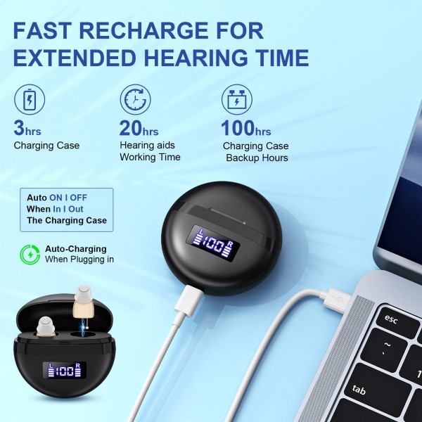 Hearing Aids With Digital Display Charging Case Noise Cancelling Invisible In-Ear Sound Amplifier(Red Blue+Black Case)
