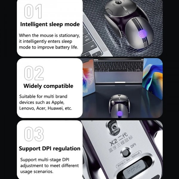 Inphic X2 Bluetooth Wireless Mouse Tri-Mode Silent Rechargeable Office Gaming Laptop Mouse(Liquid Metal Gray)