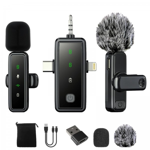 J82 Dual Mic 3 In 1 Interface 8pcs /Set Wireless Collar Clip Microphone Smart Noise Reduction Mini Microphone