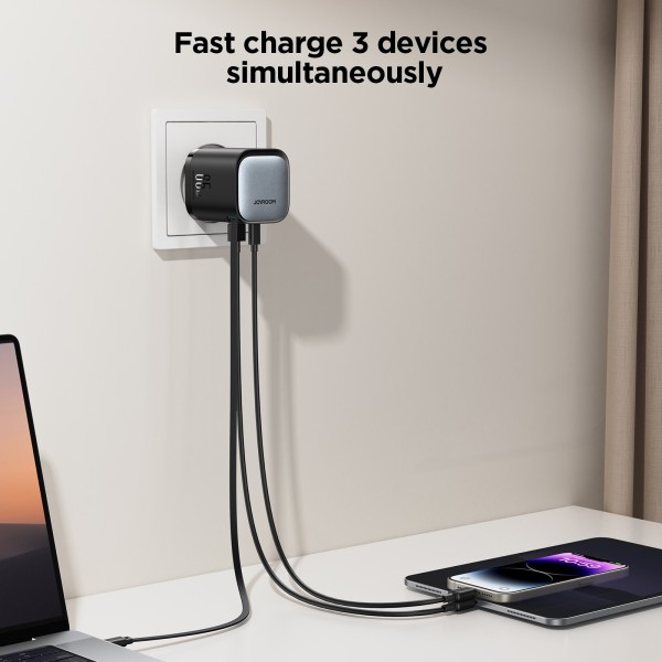 JOYROOM JR-TCL02 GaN 65W 2-Port Charger with Retractable Cable, EU Plug