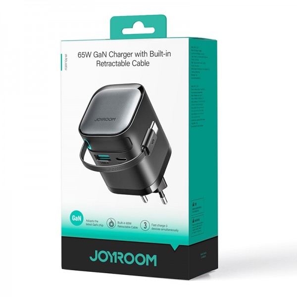 JOYROOM JR-TCL02 GaN 65W 2-Port Charger with Retractable Cable, EU Plug