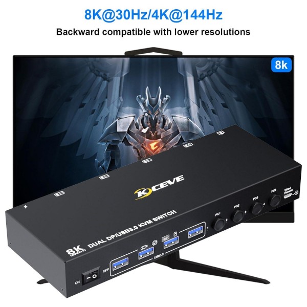 KC-KVM402DP 8K 30Hz 4 Input 2 Output DP / USB3.0 Dual Monitor KVM Switch, US Plug