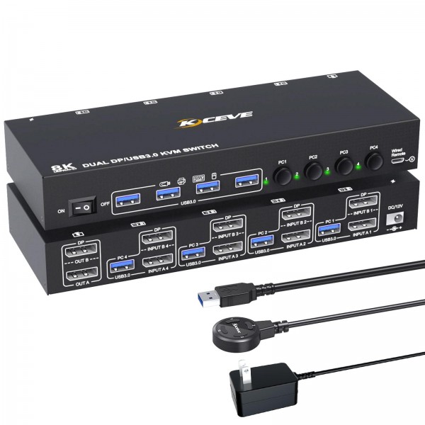 KC-KVM402DP 8K 30Hz 4 Input 2 Output DP / USB3.0 Dual Monitor KVM Switch, US Plug