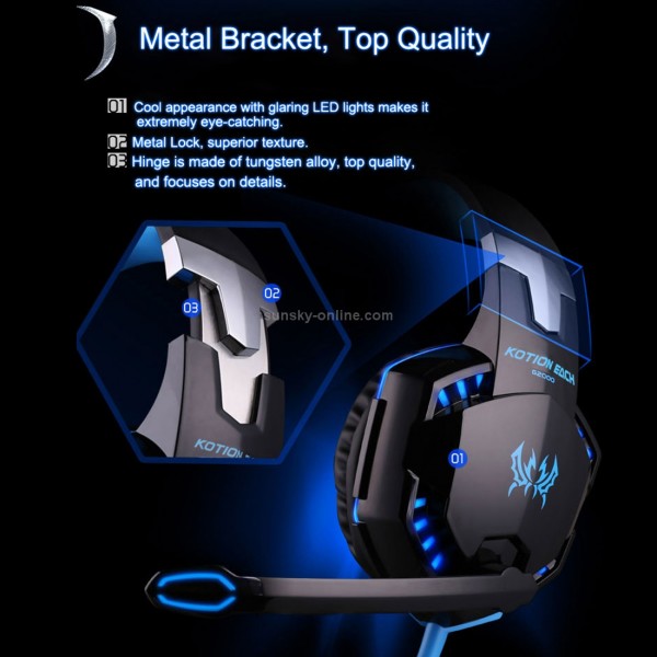 KOTION EACH G2000 Over-ear Game Gaming Headphone Headset Earphone Headband with Mic Stereo Bass LED Light for PC Gamer,Cable Length: About 2.2m(Blue + Black)