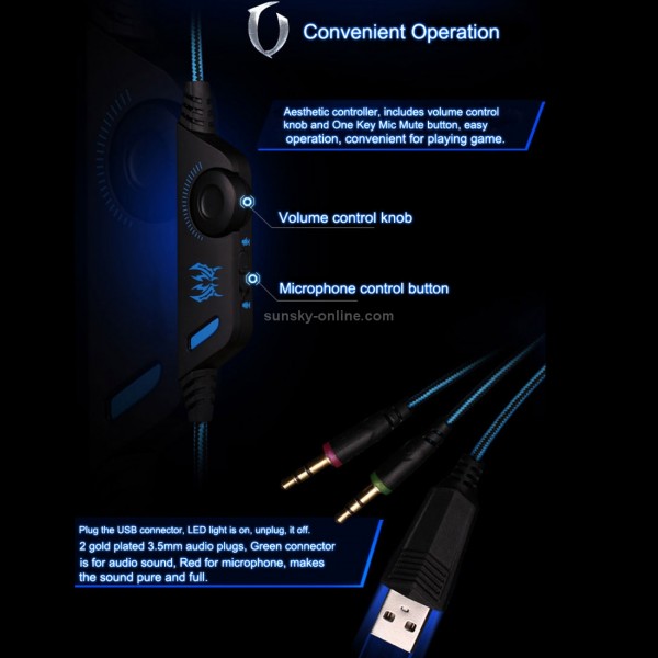 KOTION EACH G2000 Over-ear Game Gaming Headphone Headset Earphone Headband with Mic Stereo Bass LED Light for PC Gamer,Cable Length: About 2.2m(Blue + Black)