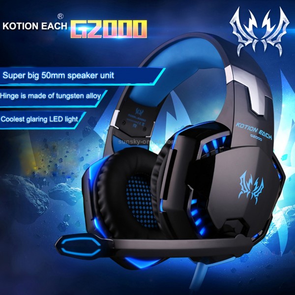 KOTION EACH G2000 Over-ear Game Gaming Headphone Headset Earphone Headband with Mic Stereo Bass LED Light for PC Gamer,Cable Length: About 2.2m(Blue + Black)