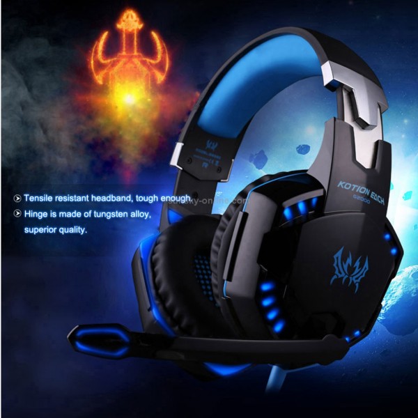 KOTION EACH G2000 Over-ear Game Gaming Headphone Headset Earphone Headband with Mic Stereo Bass LED Light for PC Gamer,Cable Length: About 2.2m(Blue + Black)