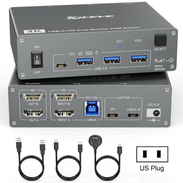 KVEVE KC-KVM202CH USB 3.0 Dual Monitor 4K 60Hz KVM Switch US Plug