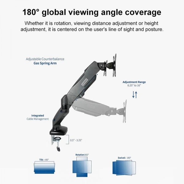 Lenovo Thinkplus ZJA1 Clip-on Desktop Dual-Arm Monitor Holder(Black)