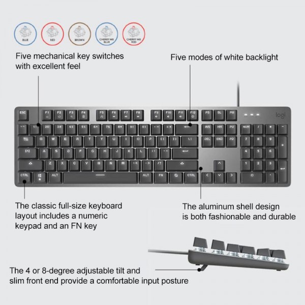 Logitech K845 Backlit Mechanical Wired Keyboard, Cable Length: 1.8m, Type:TTC-Brown Axis(Black)