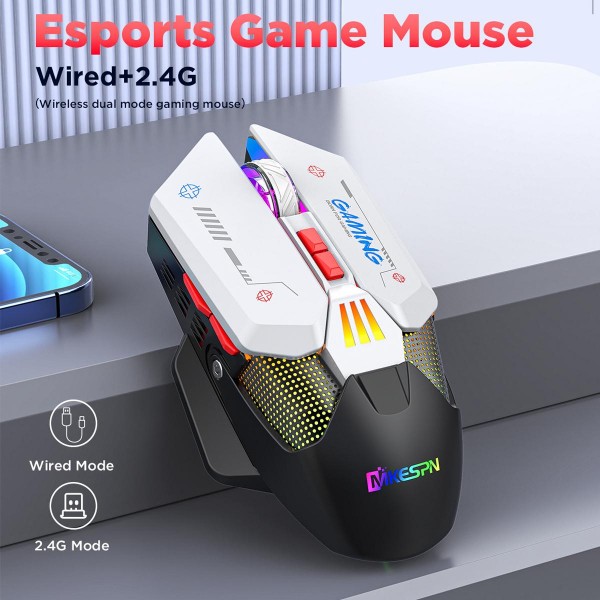 MKESPN Wired + 2.4G Dual Mode Gaming Mouse 10000 DPI Type-C Fast Charging RGB Light, Programmable Macros Mouse(Black White)