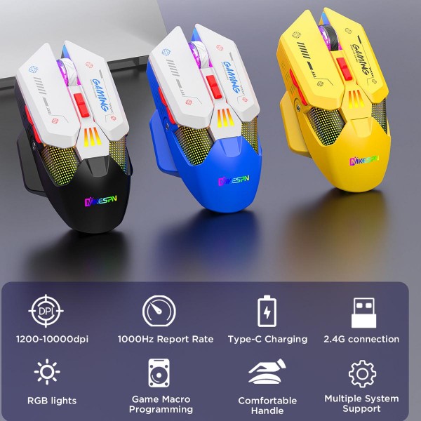 MKESPN Wired + 2.4G Dual Mode Gaming Mouse 10000 DPI Type-C Fast Charging RGB Light, Programmable Macros Mouse(Black White)