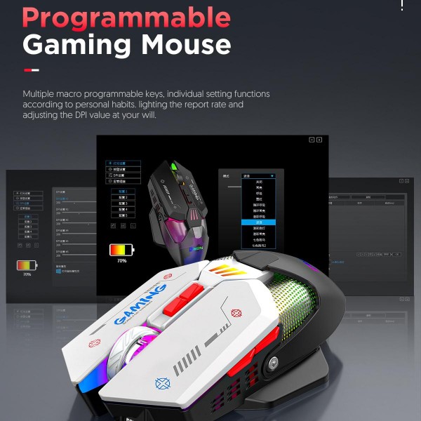MKESPN Wired + 2.4G Dual Mode Gaming Mouse 10000 DPI Type-C Fast Charging RGB Light, Programmable Macros Mouse(Black White)