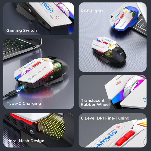 MKESPN Wired + 2.4G Dual Mode Gaming Mouse 10000 DPI Type-C Fast Charging RGB Light, Programmable Macros Mouse(Black White)