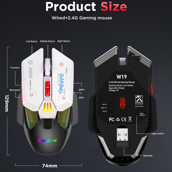 MKESPN Wired + 2.4G Dual Mode Gaming Mouse 10000 DPI Type-C Fast Charging RGB Light, Programmable Macros Mouse(Black White)